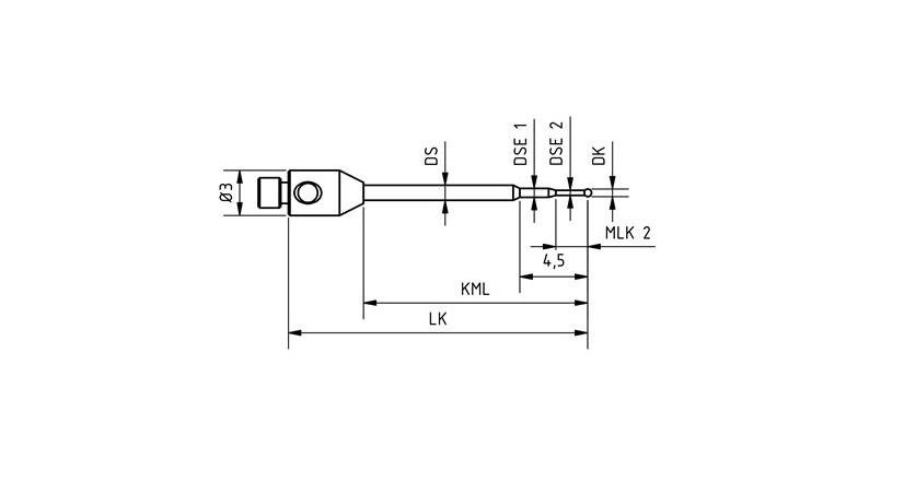 SM2 M03 020 RCA - Stepped Micro M2 CMM Stylus 0.3mm Ruby Ball, 20mm Tungsten Carbide Stem, EWL 15mm
