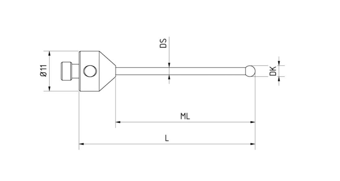 SM5 020 060 SCA - Straight M5 CMM Stylus, 2mm Silicon Nitride Ball, 60mm Tungsten Carbide Stem, 50mm EWL
