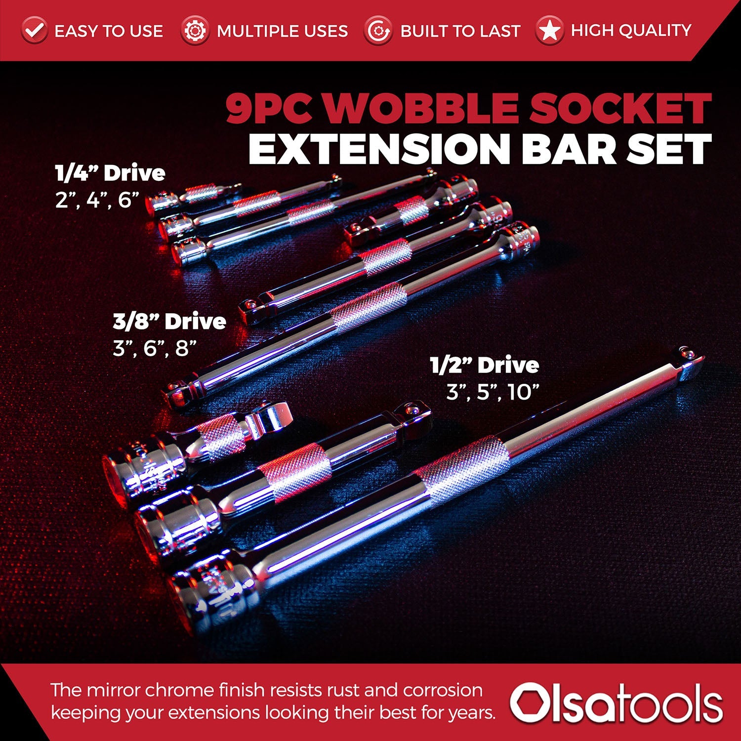 Wobble Socket Extension Set (9pc) | 1/2, 3/8, 1/4" Drive Ratchet Extension Bars